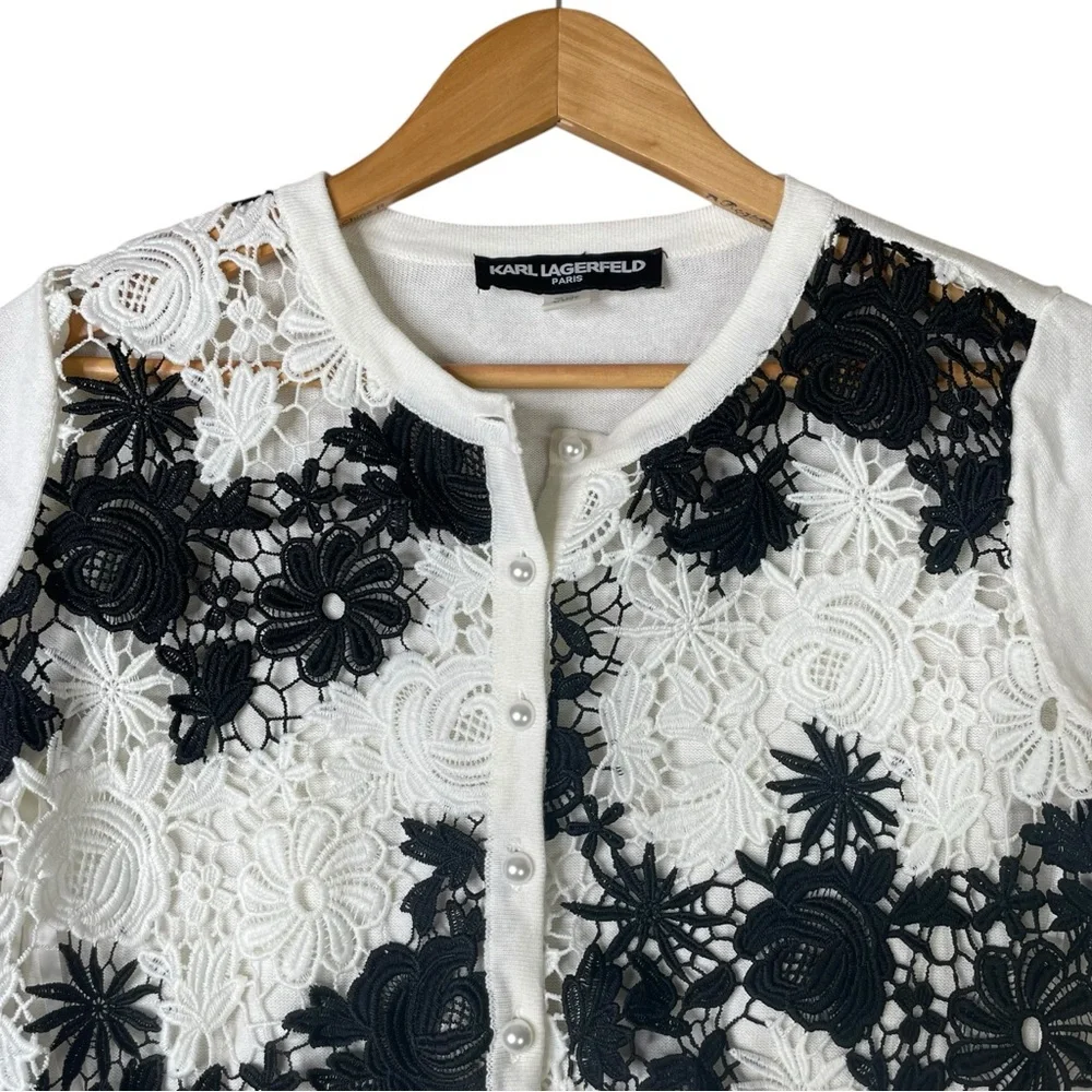 Karl Lagerfeld Paris Cardigan Sweater Women White Lace Floral embroidered S NWT - Picture 3 of 13